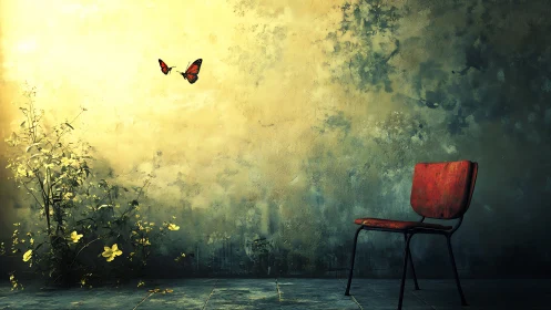 Solitary red chair rests under golden light as butterflies drift