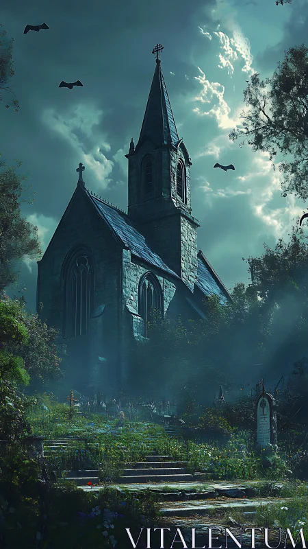 Twilight church garden where mist and memory drift together.