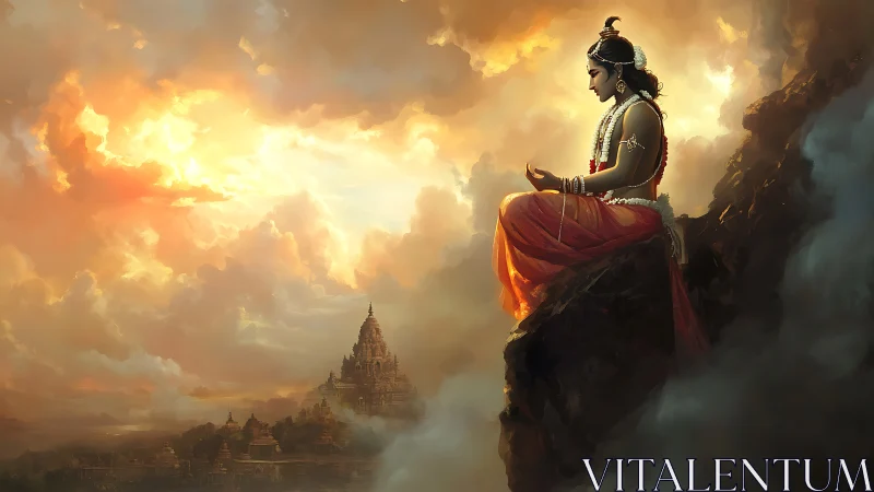 Skyline sage in saffron calm above temple-cloud kingdoms.