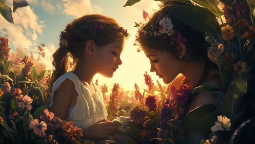 Two Young Women in Vibrant Floral Setting with Golden Hour Lighting