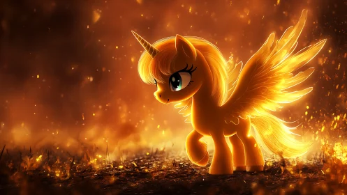 Fiery winged unicorn pony standing in glowing embers scene.