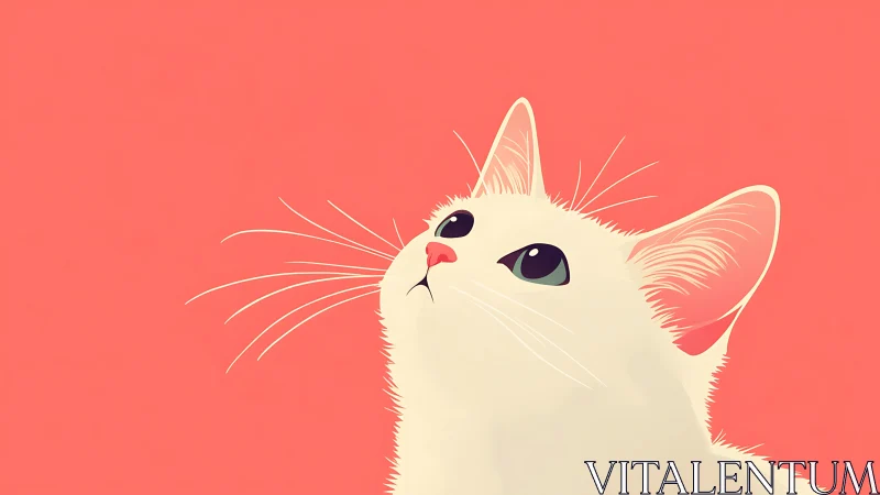 White Cat Looking Upward Against Coral Background