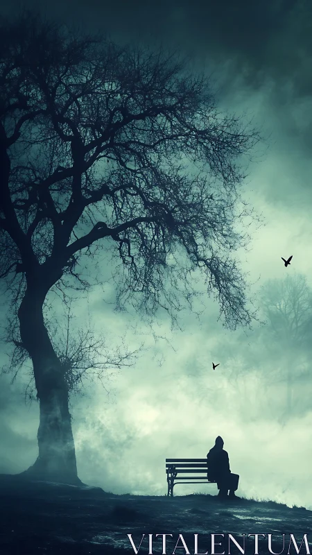 Solitary figure on park bench under bare tree in fog
