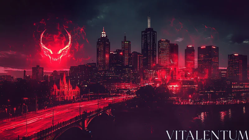 Demonic red storm engulfs neon city skyline at nightfall