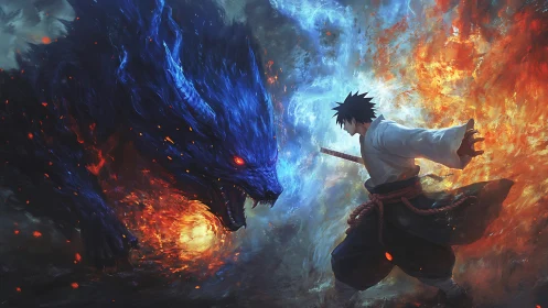 Swordsman confronts colossal blue fire beast amid split flames