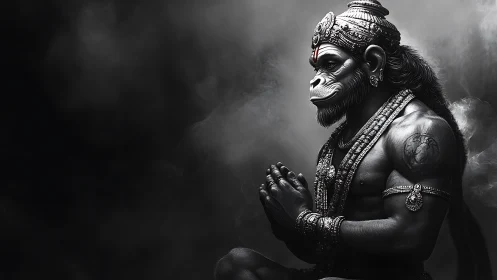 Monochrome simian deity portrait in meditative side profile.