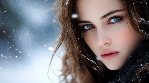 Wintry close-up portrait with piercing blue gaze and snow.