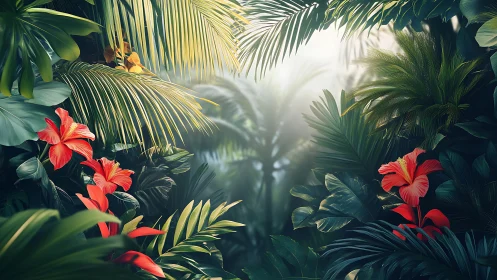 Lush tropical foliage with red hibiscus in misty backlight.