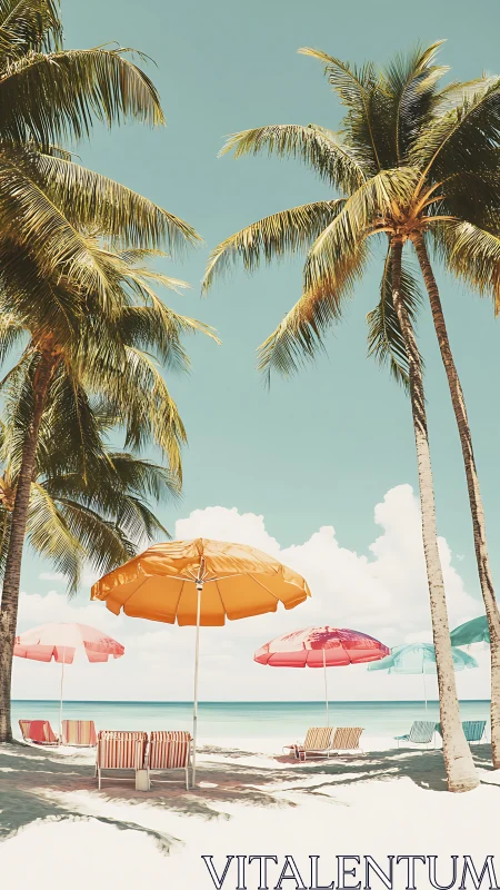 Palm trees and striped loungers under colored beach umbrellas.