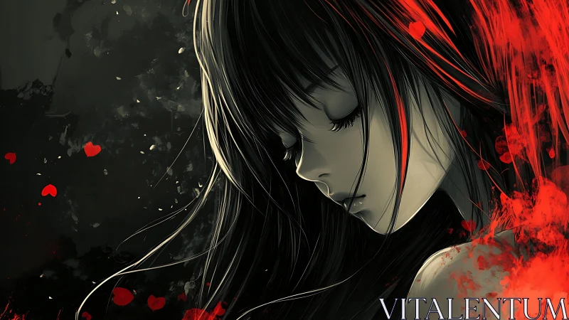 Melancholic anime girl framed in red and black silence.