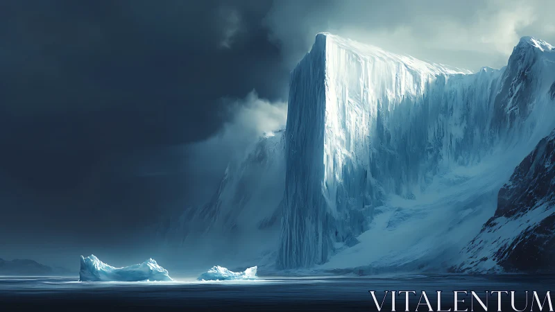Monolithic ice cliff rises over misty polar seascape.