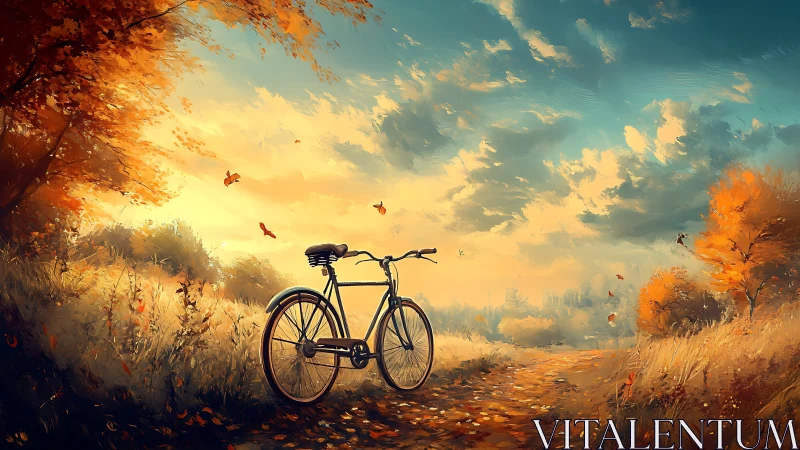 Bicycle Rests on Autumn Path Beneath Golden Sky.