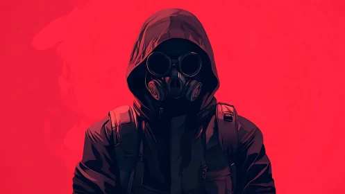 Hooded figure in gas mask rendered as high contrast digital vector