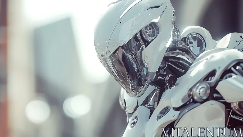 Chrome sentinel pauses in soft city light, quietly observing.