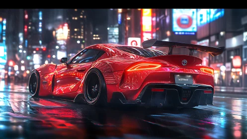 Red tuner sports car glows on neon soaked city street.