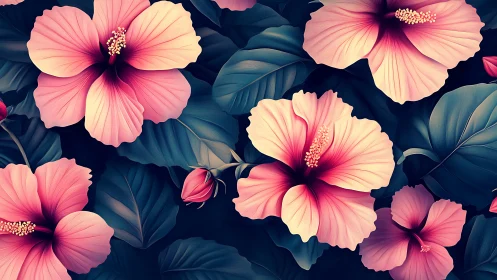 Tropical Paradise Blooms Dance Against Midnight Canvas