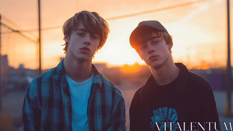 Two young males standing outdoors at sunset in urban area.