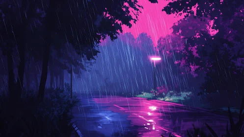 Neon rainlit forest path glowing with quiet late night calm.