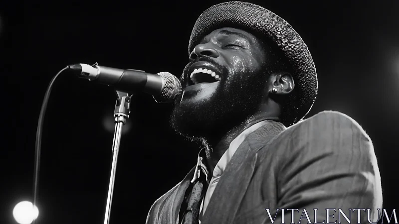 Male vocalist performing at microphone in monochrome lighting.