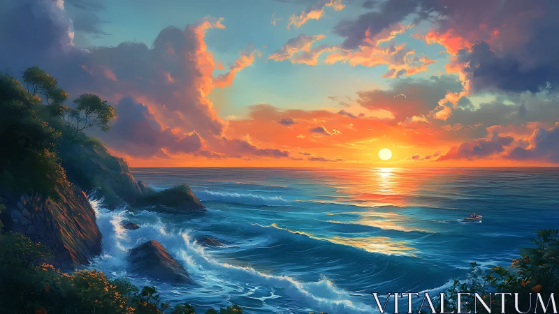 Vivid ocean sunset with rocky coast and distant small boat.