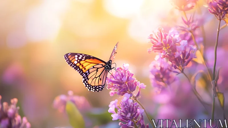 Monarch butterfly rests on sunlit pink wildflowers at dawn