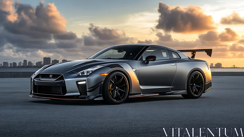Silver sports car stands poised on rooftop at glowing sunset