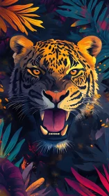Roaring jaguar portrait amid neon jungle foliage.