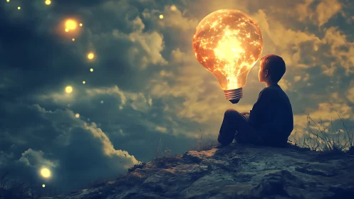 Child on cliff gazes at luminous networked lightbulb dreamscape.
