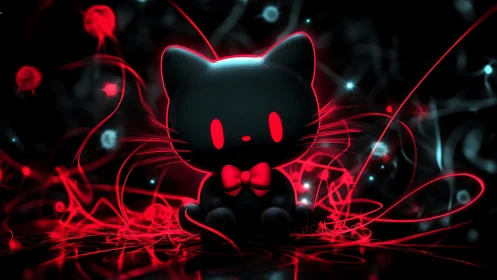 Neon-limned chibi cat amid red quantum filament cascade.