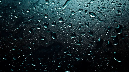 Glistening raindrops on glass in a calm midnight glow.