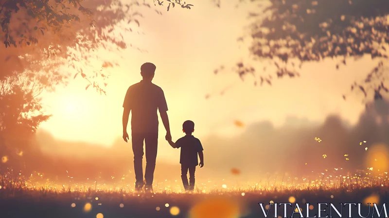 Silhouetted parent and child walking through warm sunset field.