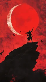 Silhouette archer on cliff beneath large red eclipsed moon.