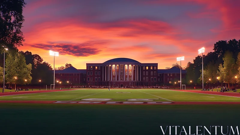 Sunset-lit campus stadium framing neoclassical hall facade.