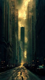 Moody city canyon under stormlit golden skyscrapers.