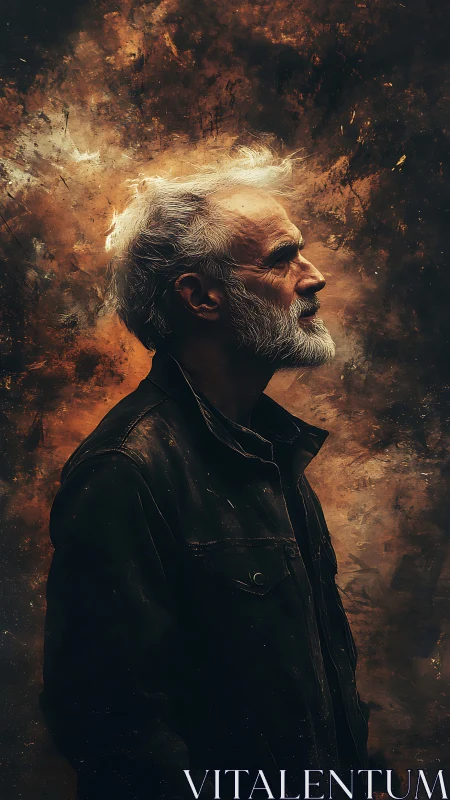 Elderly man in profile against textured abstract backdrop.