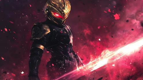 Armored figure holds glowing energy blade in red fog field