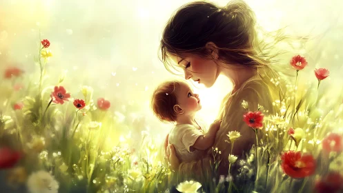 Digital Illustration of Mother and Child in Golden Hour Meadow Environment