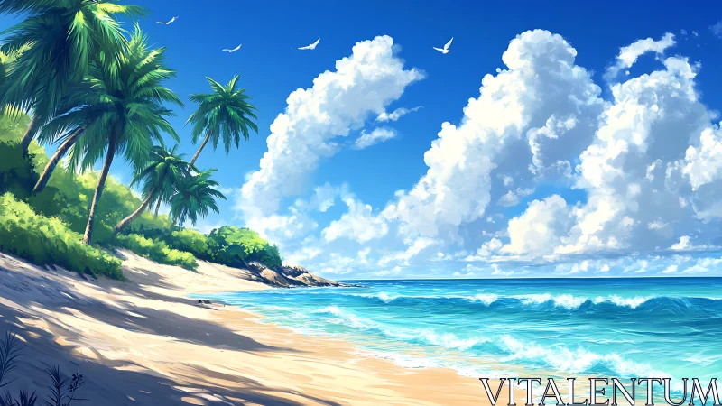 Tropical Coastal Scene with Palm Trees and Ocean.
