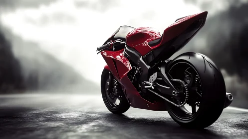 Sleek red sport motorcycle waits on a misty open road