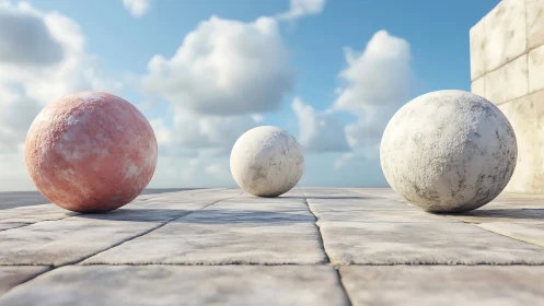 Sunlit stone spheres resting quietly on a calm terrace.