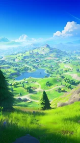 Stylized low-poly valley landscape with lake and distant hills