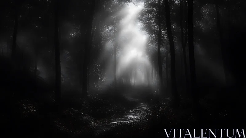 Dark forest path cut by strong shaft of white light.
