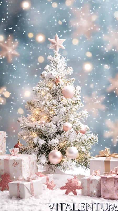 Snow-covered Christmas tree stands among wrapped gifts