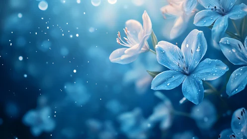 Blue Flowers with Water Droplets in Soft Focus.