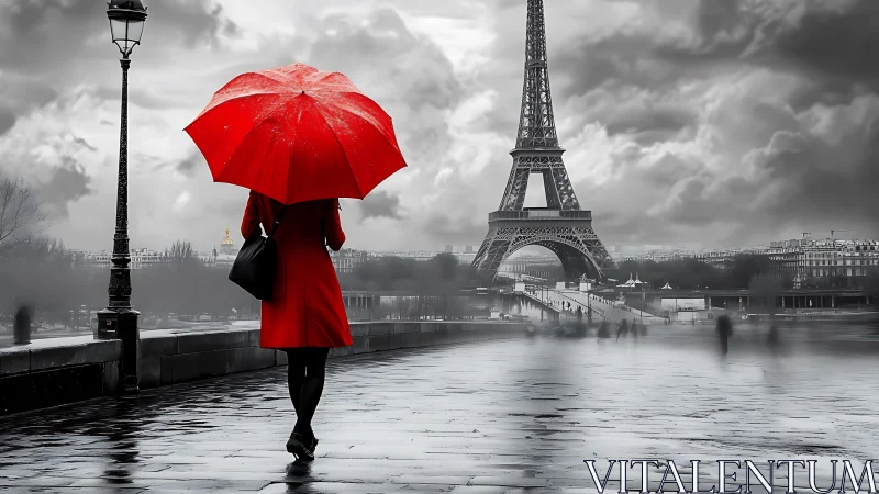 Red umbrella stroll in rainy Paris beside the Eiffel Tower.