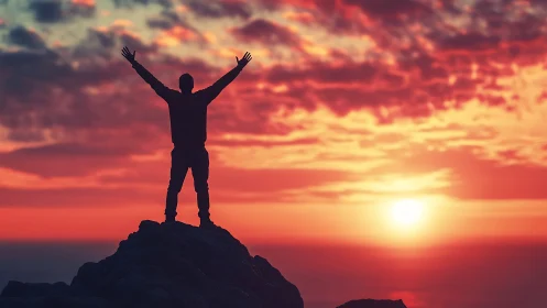 Silhouette stands on rocky peak against low sun and clouded sky