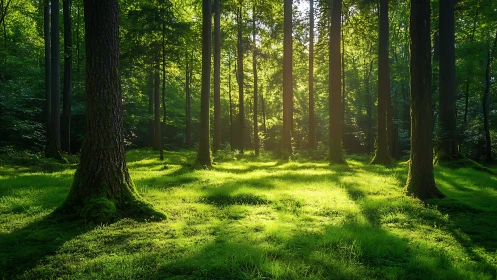 Sunlit Forest Clearing with Tall Trees and Lush Green Moss.