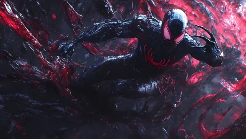 Shadow-suited hero racing through swirling crimson energy.