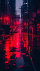 Rain-soaked alley with neon red streetlights and wet reflections