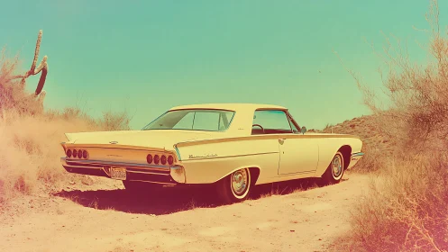 Vintage yellow coupe parked on desert dirt road landscape.